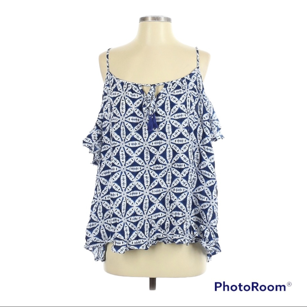 Show Me Your Mumu Strappy  Boho Style Cami Top, Blue & White Print, Size XS